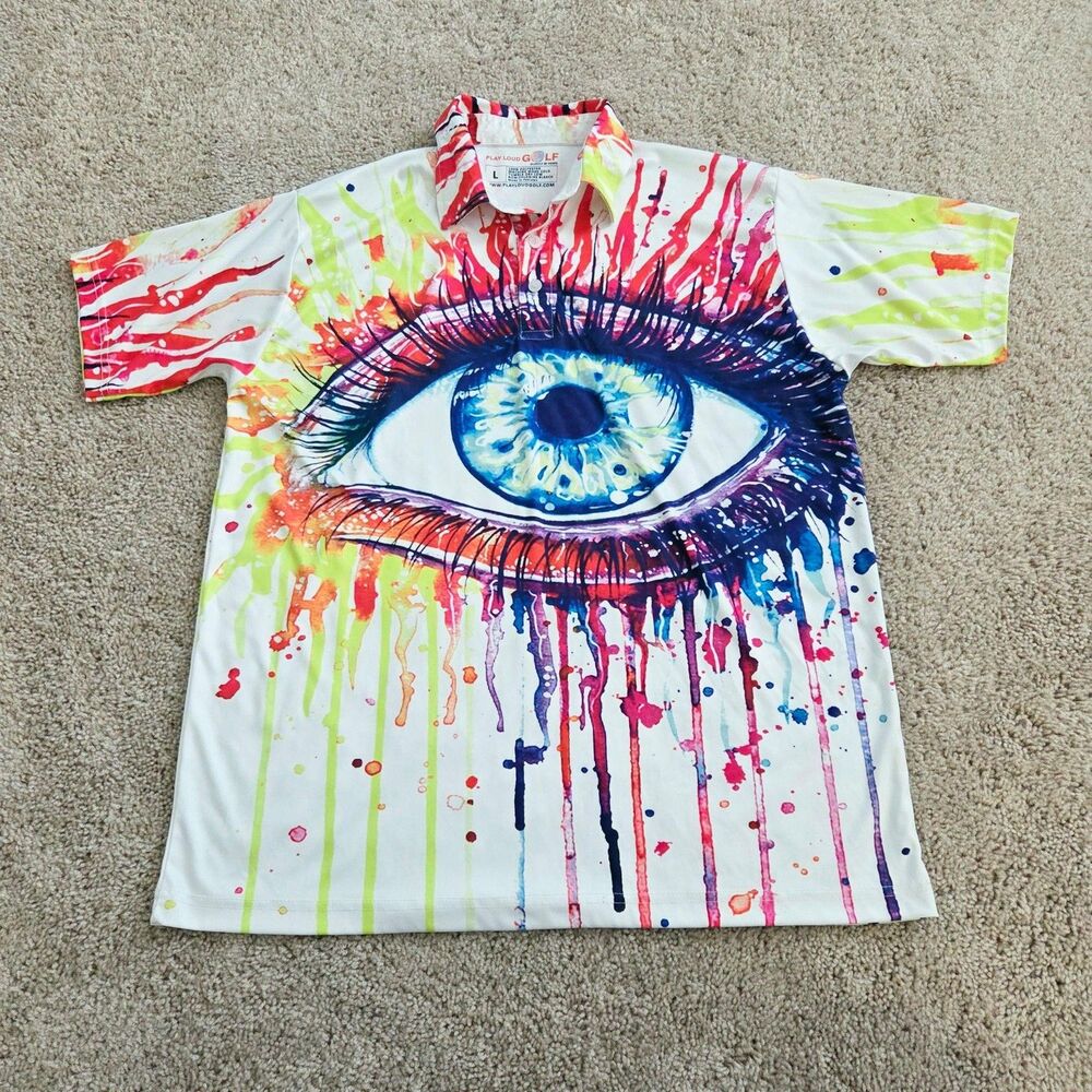 Play Loud Golf Polo Shirt Mens Large Multicolor Dripping Eye Graphic Art Golf